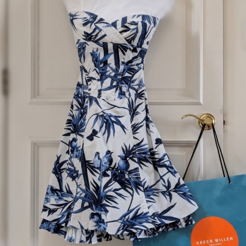 Karen Millen Blue and White Bird Strapless Dress